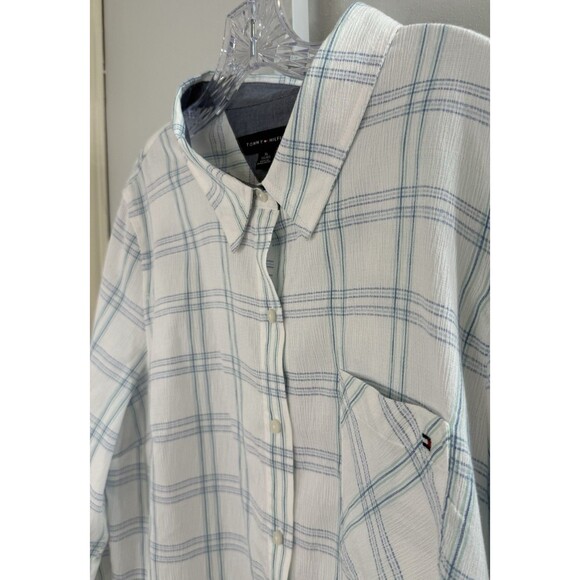 Tommy Hilfiger Women’s XL Plaid Button Down Shirt Blue Green Cotton Roll Tab - Picture 8 of 9